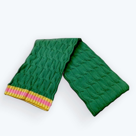 Auth Gucci Green Wool Cable Knit Scarf Pink Metallic Gold Knit Trim Ex+ Stole - Picture 4 of 11